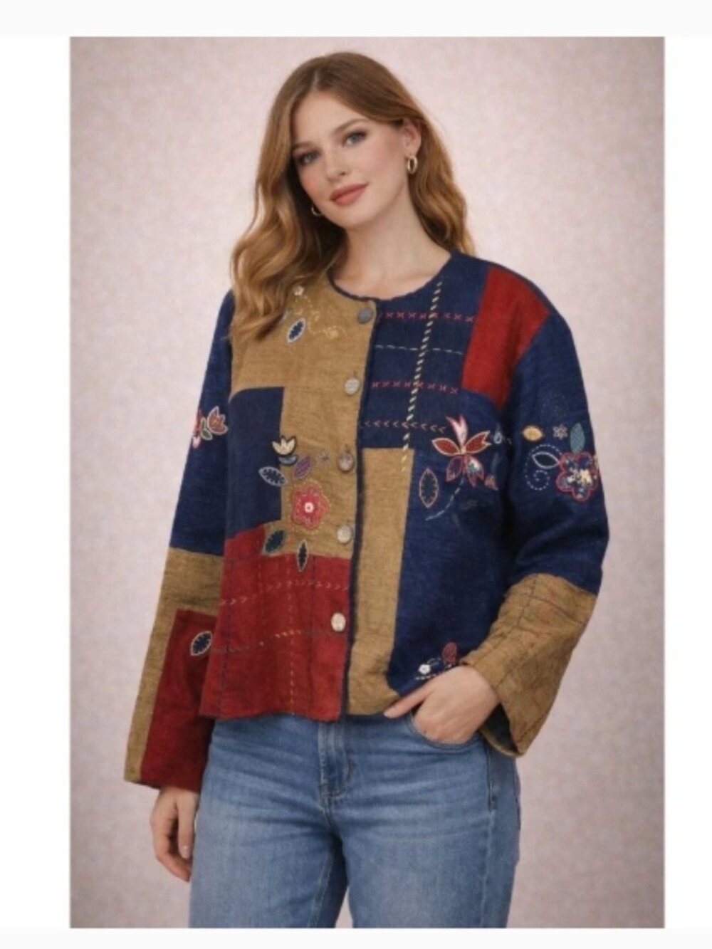 Vintage KORET City Blues 90s Artsy Patchwork Embroidered Statement Jacket - Picture 3 of 16
